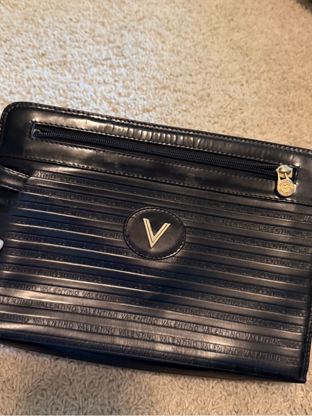 Valentino Black Leather Clutch with Gold V Emblem